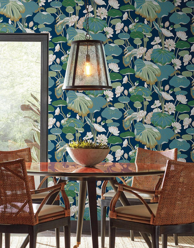 Wallpaper Lotus Pond Wallpaper // Navy Metallic 