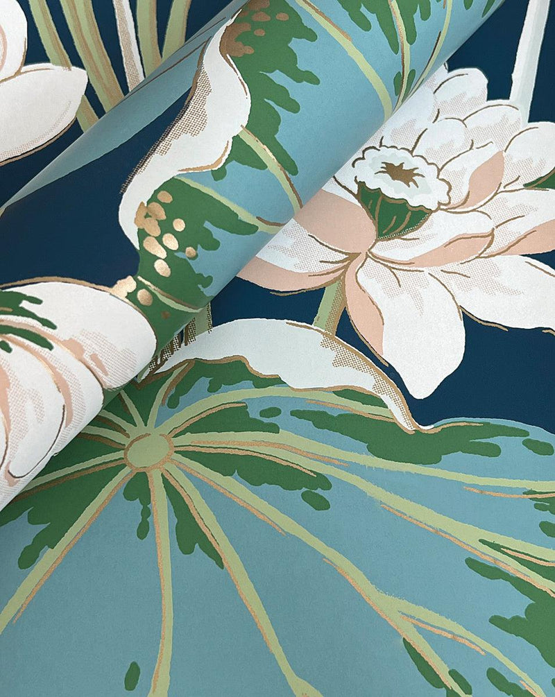 Wallpaper Lotus Pond Wallpaper // Navy Metallic 