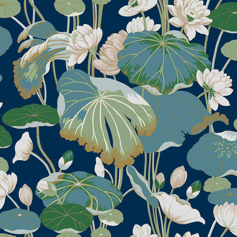 Wallpaper Lotus Pond Wallpaper // Navy Metallic 