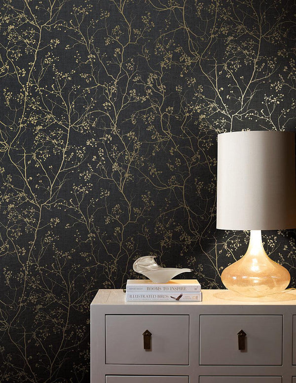 Wallpaper Luminous Branches Wallpaper // Black & Gold 