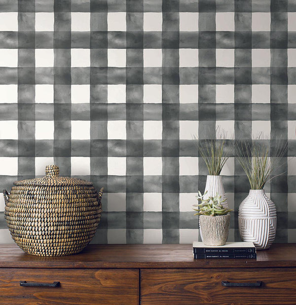 Wallpaper Magnolia Home Watercolor Check Peel & Stick Wallpaper // Black 