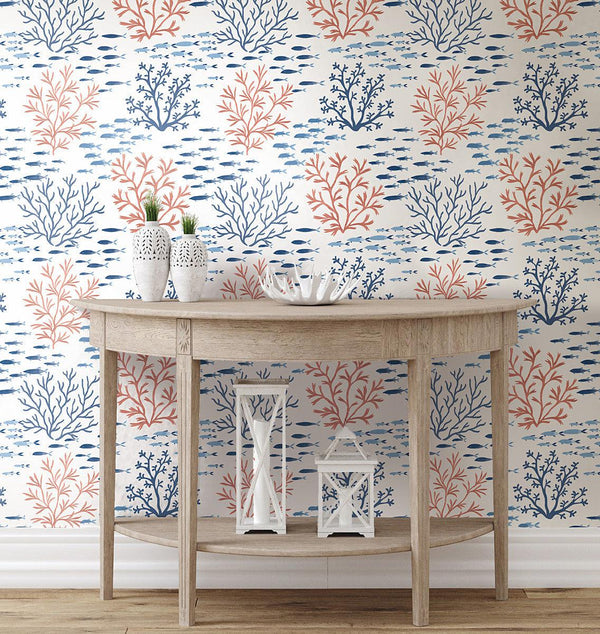 Wallpaper Marine Garden Wallpaper // Coral & Navy 