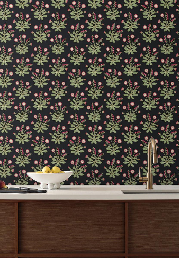 Wallpaper Meadow Flowers Wallpaper // Black & Rose Gold Metallic 