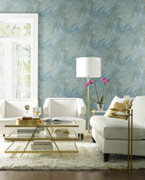 Wallpaper Oil & Marble Wallpaper // Bright Blue & Gold Metallic 