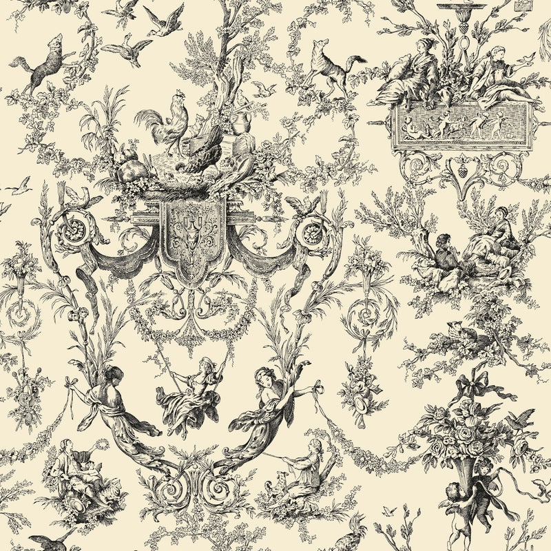 Wallpaper Old World Toile Wallpaper Sample // Beige & Black 8 x 10 