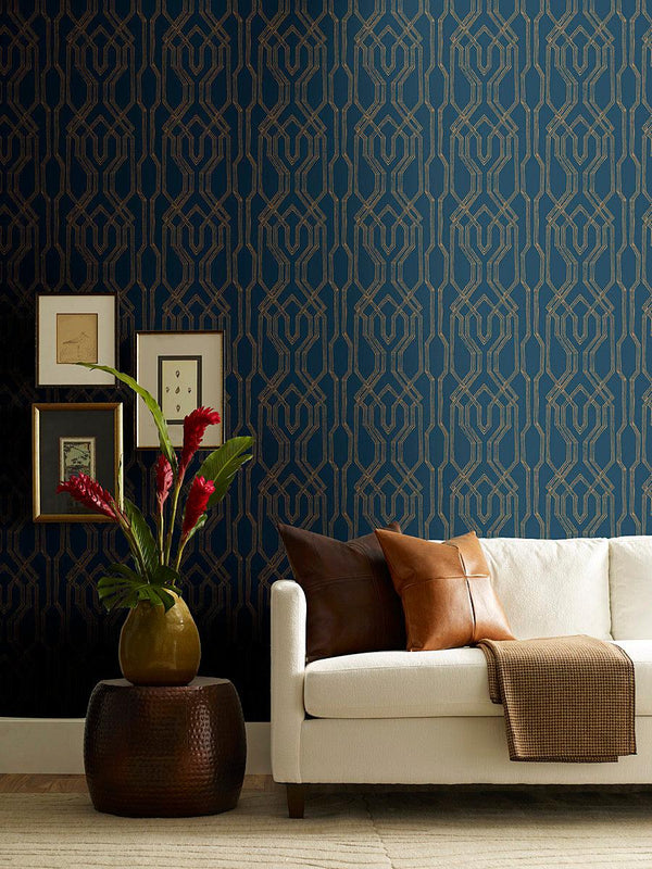 Wallpaper Oriental Lattice Wallpaper // Blue & Gold 