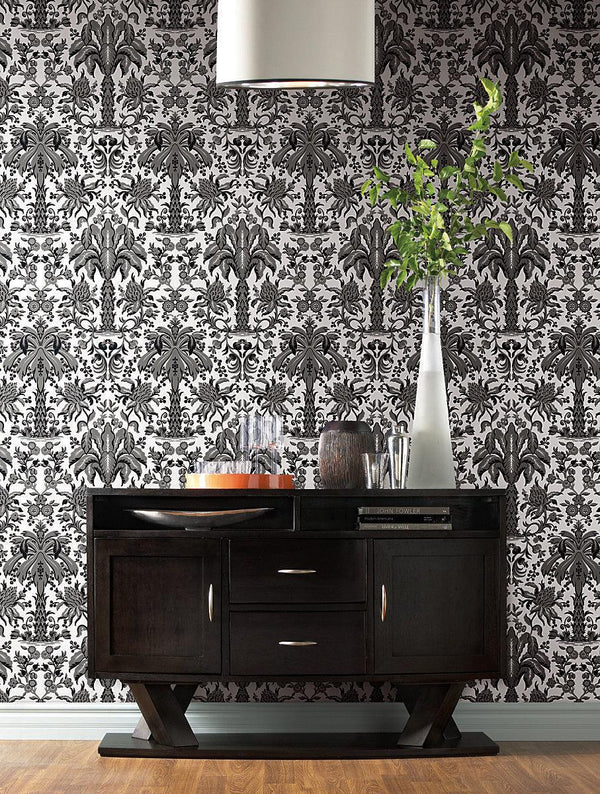 Wallpaper Palmetto Palm Damask Wallpaper // Black 