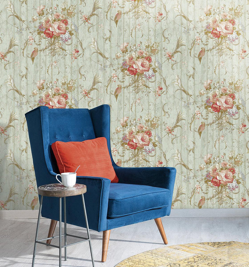 Wallpaper Parrots with Floral Bouquets Wallpaper // Blue 