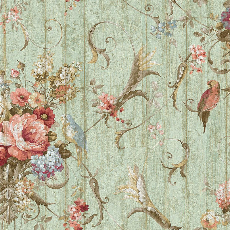 Wallpaper Parrots with Floral Bouquets Wallpaper Sample // Blue 8 x 10 