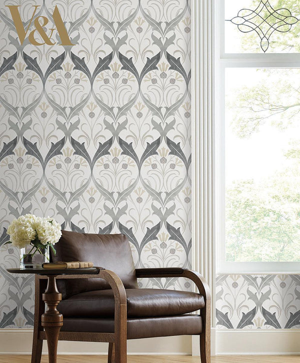 Wallpaper Pine Cone Ribbon Wallpaper // Charcoal Metallic 