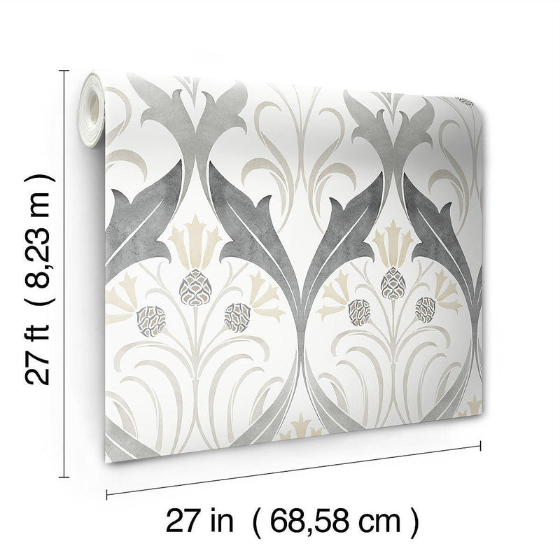 Wallpaper Pine Cone Ribbon Wallpaper // Charcoal Metallic 