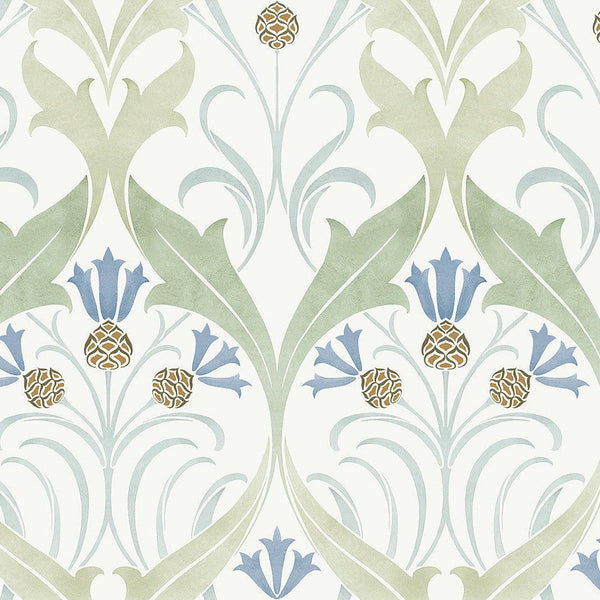 Wallpaper Pine Cone Ribbon Wallpaper // Green & Blue Metallic 