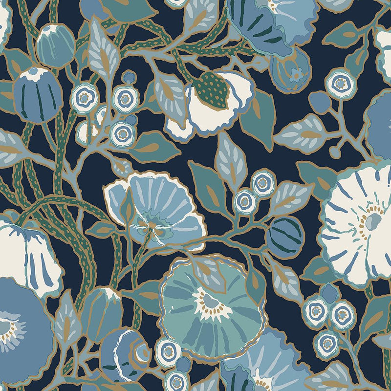Wallpaper Poppies Wallpaper Sample // Black & Blue Metallic 8 x 10 