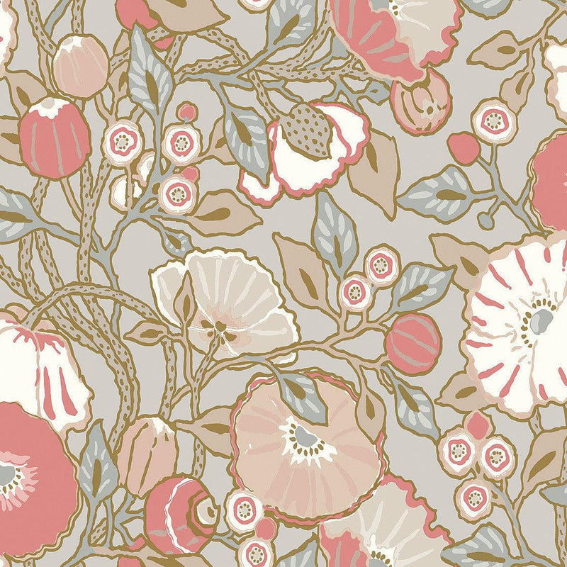 Wallpaper Poppies Wallpaper Sample // Grey & Pink Metallic 8 x 10 
