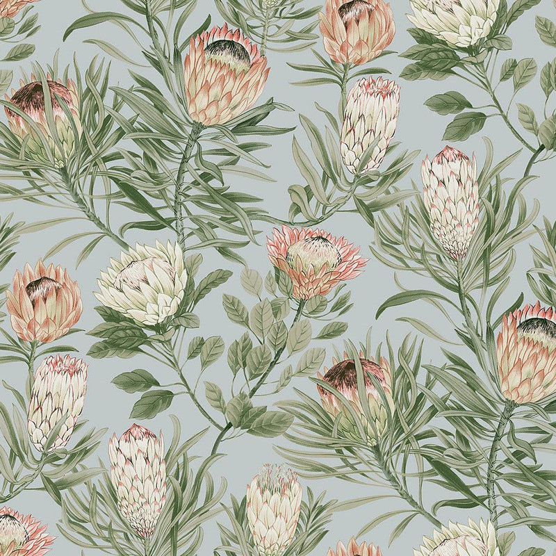 Wallpaper Protea Wallpaper Sample // Dusty Blue & Coral 8 x 10 