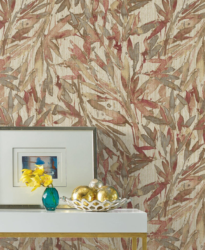 Wallpaper Rainforest Leaves Wallpaper // Red & Warm Grey 