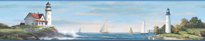 Wallpaper Sailing Lighthouse Border Sample // Blue & Green 8 x 10 