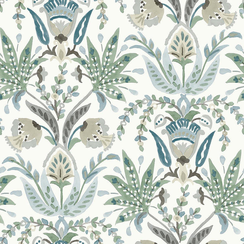 Wallpaper Seaside Jacobean Wallpaper Sample // Green & Blue 8 x 10 