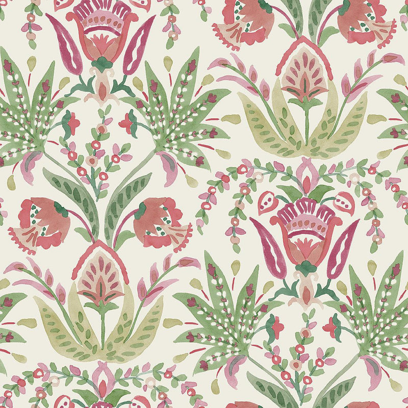 Wallpaper Seaside Jacobean Wallpaper Sample // Green & Red 8 x 10 