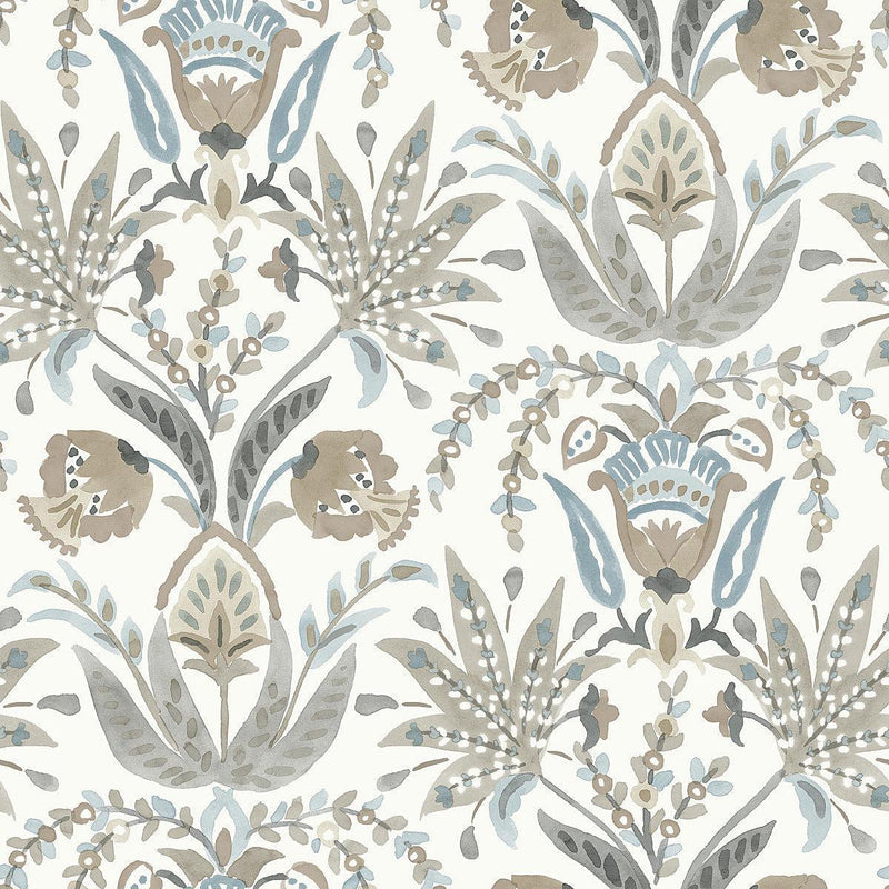 Wallpaper Seaside Jacobean Wallpaper Sample // Taupe & Blue 8 x 10 