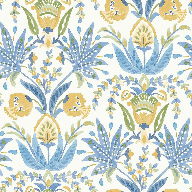Wallpaper Seaside Jacobean Wallpaper Sample // Yellow & Blue 8 x 10 