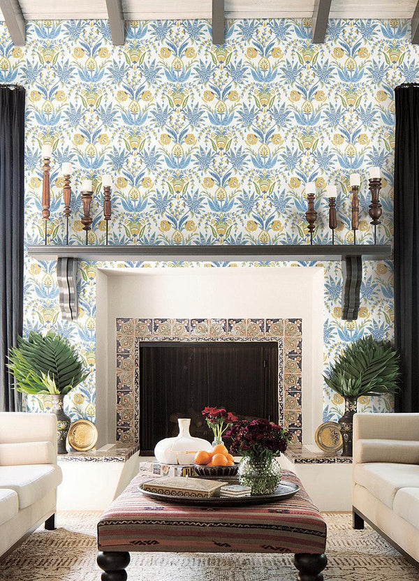 Wallpaper Seaside Jacobean Wallpaper // Yellow & Blue 