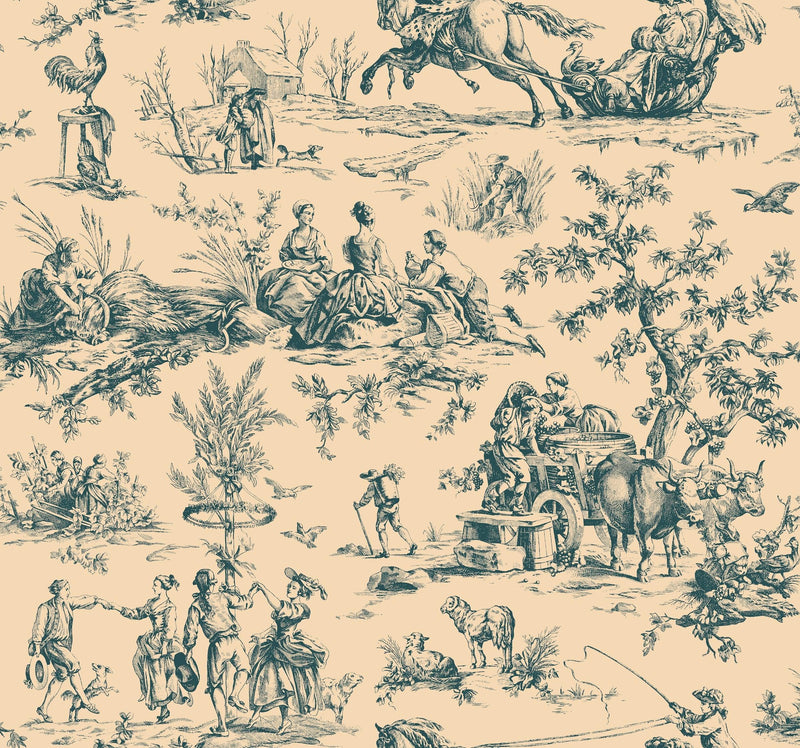 Wallpaper Seasons Toile Wallpaper Sample // Blue & Tan 8 x 10 