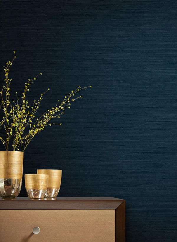 Wallpaper Shining Sisal Grasscloth Wallpaper // Dark Blue Metallic 