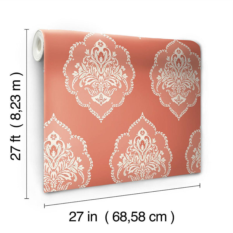 Wallpaper Signet Medallion Damask Wallpaper // Coral 