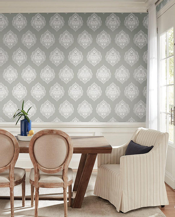 Wallpaper Signet Medallion Damask Wallpaper // Grey 