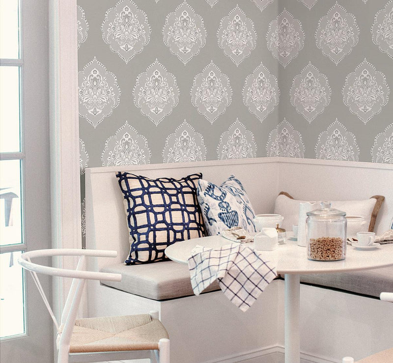 Wallpaper Signet Medallion Damask Wallpaper // Grey 