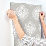 Wallpaper Signet Medallion Damask Wallpaper // Grey 