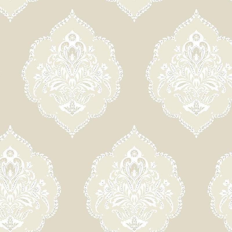 Wallpaper Signet Medallion Damask Wallpaper Sample // Beige 8 x 10 
