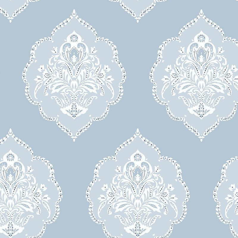 Wallpaper Signet Medallion Damask Wallpaper Sample // Blue 8 x 10 