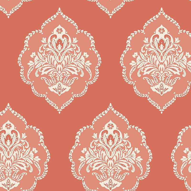 Wallpaper Signet Medallion Damask Wallpaper Sample // Coral 8 x 10 