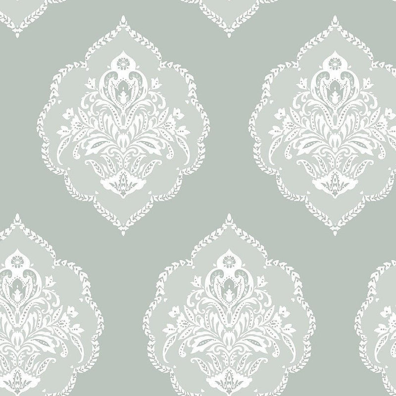 Wallpaper Signet Medallion Damask Wallpaper Sample // Green 8 x 10 