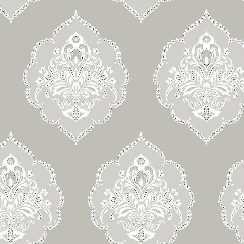 Wallpaper Signet Medallion Damask Wallpaper Sample // Grey 8 x 10 