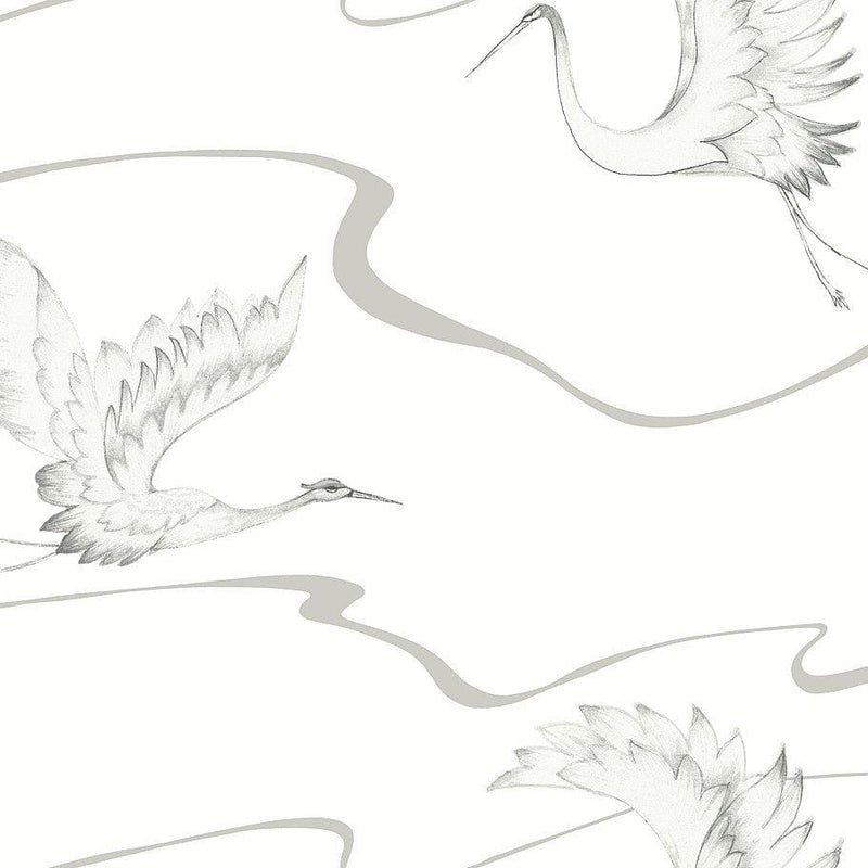 Wallpaper Soaring Cranes Wallpaper Sample // White & Silver 8 x 10 
