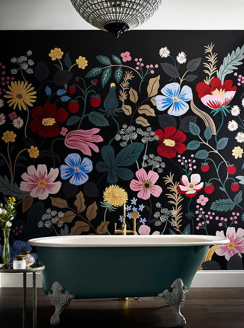 Wallpaper Strawberry Fields Peel & Stick Wall Mural Sample // Black & Green 8 x 10 