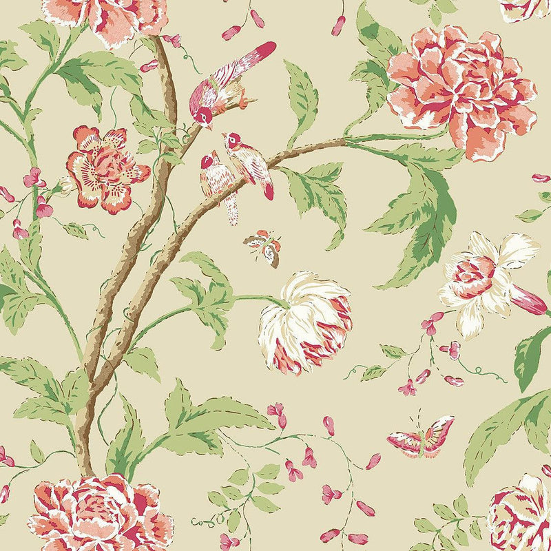 Wallpaper Teahouse Floral Wallpaper Sample // Cream & Coral 8 x 10 