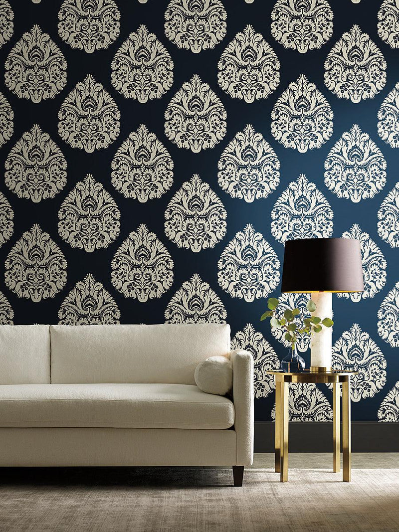 Wallpaper Teardrop Damask Wallpaper // Navy 