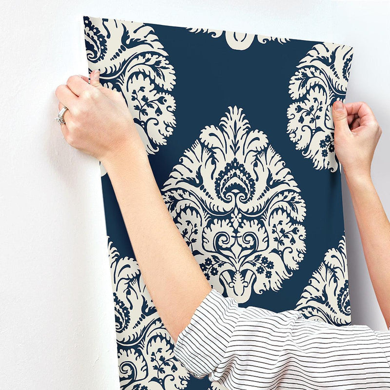 Wallpaper Teardrop Damask Wallpaper // Navy 