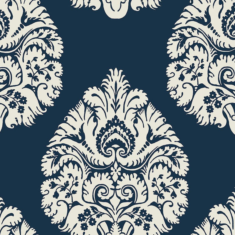 Wallpaper Teardrop Damask Wallpaper Sample // Navy 8 x 10 