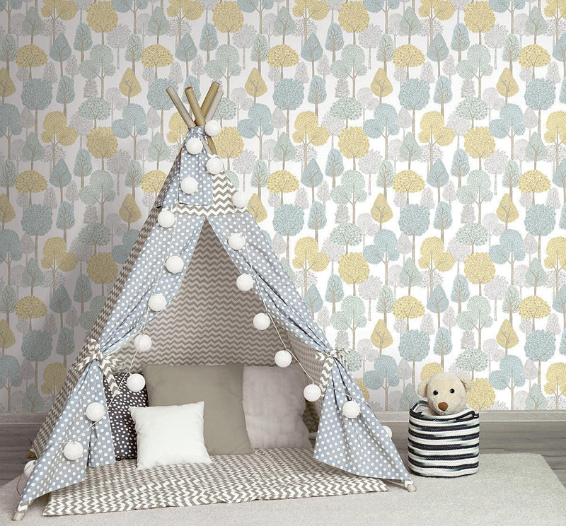 Wallpaper Treetops Peel & Stick Wallpaper // Aqua & Yellow 