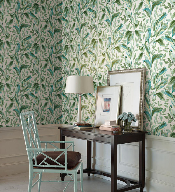 Wallpaper Tropical Love Birds Wallpaper // White & Aqua 