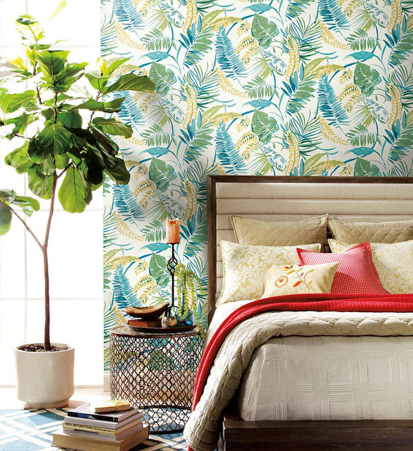 Wallpaper Tropical Toss Wallpaper // Aqua & Yellow 