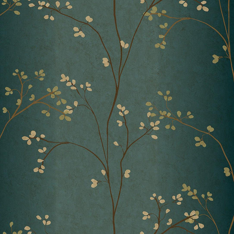 Wallpaper Vertical Blossoms Wallpaper Sample // Teal Metallic 8 x 10 