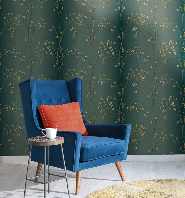 Wallpaper Vertical Blossoms Wallpaper // Teal Metallic 