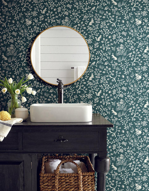 Wallpaper Weekends Fox & Hare Wallpaper // Teal 