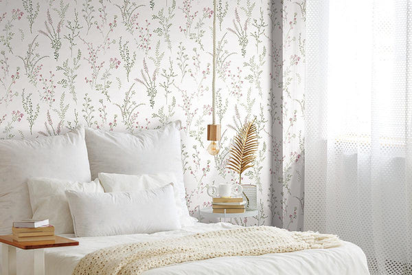 Wallpaper Wildflower Sprigs Wallpaper // Pink & Green 